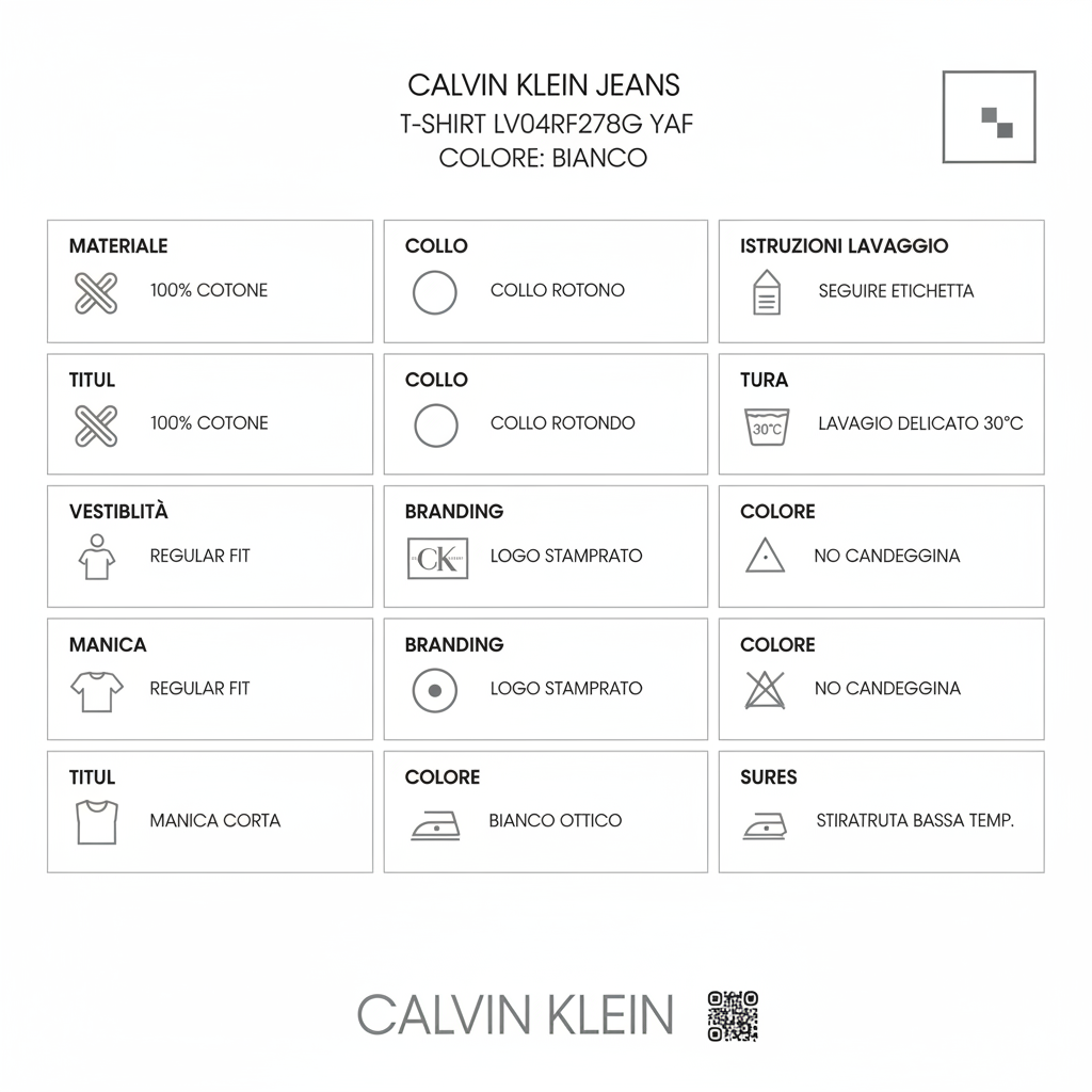 Infografica tecnica Calvin Klein T-shirt Logo LV04RF278G bianca - caratteristiche materiali composizione vestibilità cotone