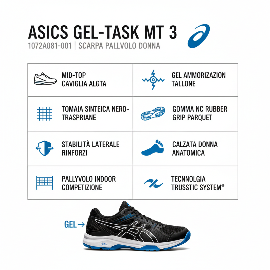 Infografica tecnica Asics Gel-Task MT 3 - tecnologia GEL ammortizzazione mid-top stabilità caviglia pallavolo donna