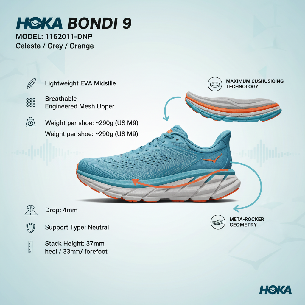 Infografica tecnica HOKA Bondi 9 con specifiche massima ammortizzazione Meta-Rocker