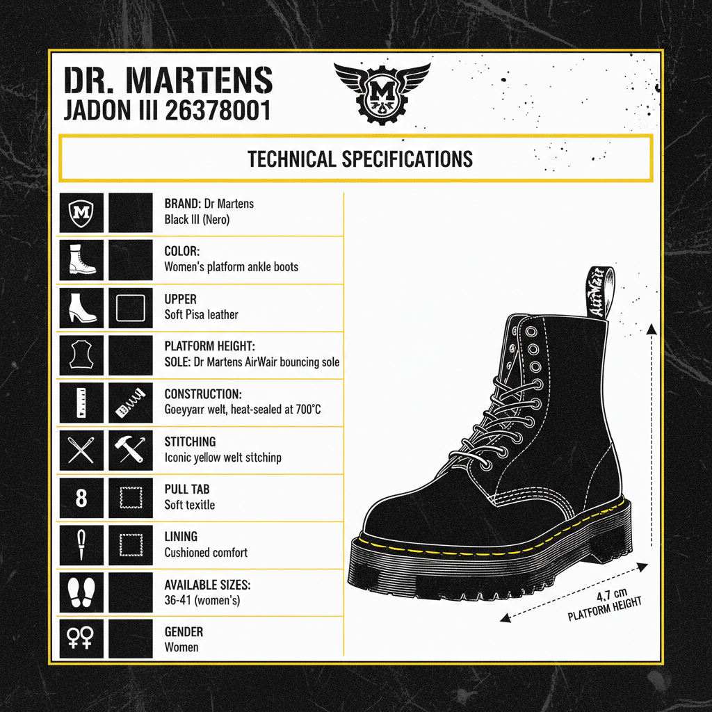 Infografica tecnica Dr. Martens Jadon III 26378001 anfibi platform pelle Pisa suola AirWair cuciture gialle