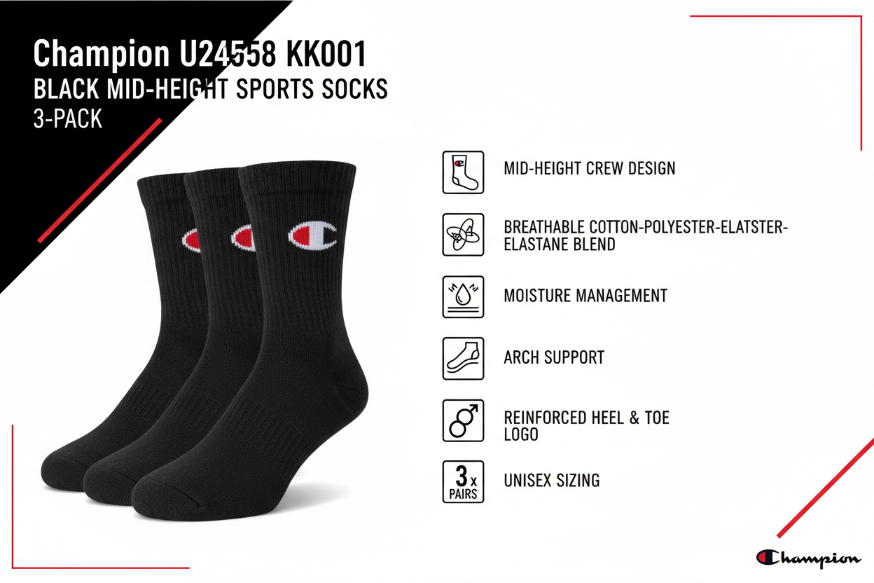 Champion calze U24558 KK001 caratteristiche: 3 paia nero, media altezza crew, cotone 75%, supporto arco, ammortizzazione, rinforzi tallone punta, logo C