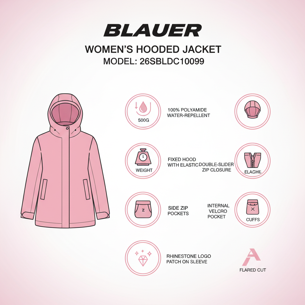 Infografica tecnica Blauer giubbino donna 26SBLDC10099 rosa: poliammide idrorepellente, peso 500g, cappuccio fisso, zip doppio cursore, tasche zip, taglio svasato