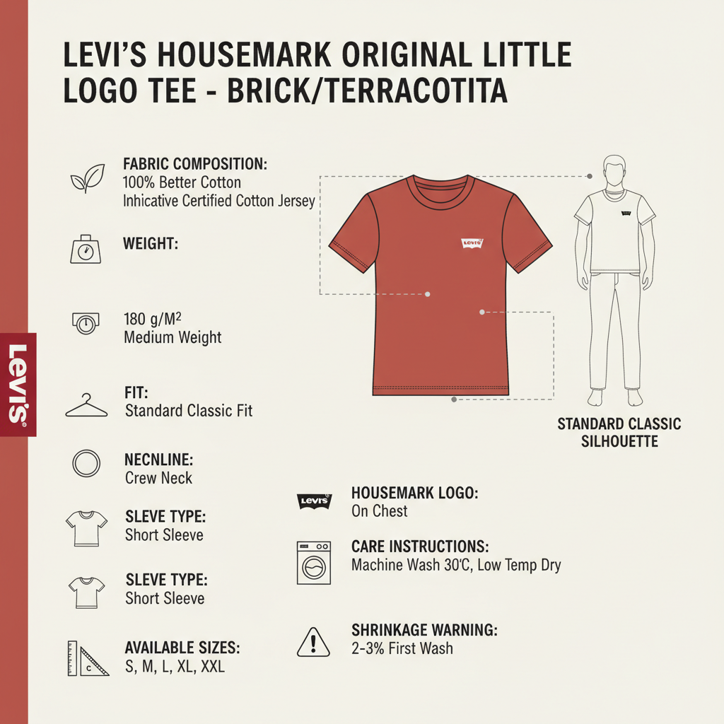 Infografica tecnica Levi's Housemark mattone - cotone BCI 180g/m², fit standard, logo petto, taglie disponibili