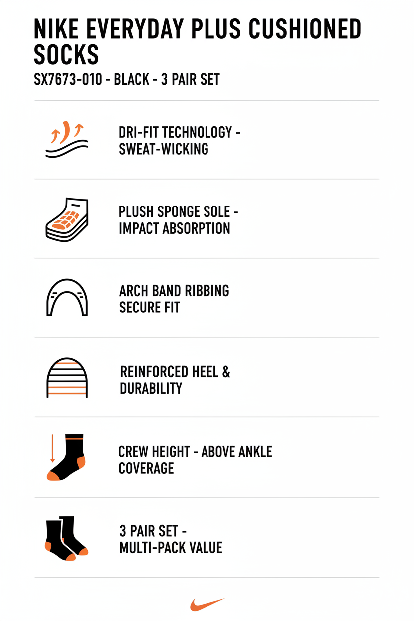 Infografica Nike Cushioned Nike SX7673-010 - Calze Training Unisex Everyday Cushioned (3 Paia) Nere