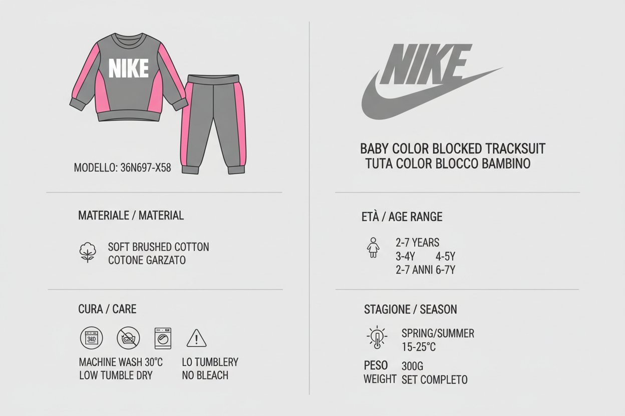 Infografica Tecnica Nike Tuta Baby 36N697-X58 Color Blocked