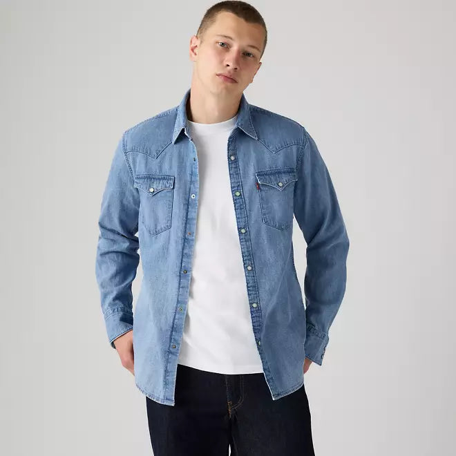 Levi's camicia da uomo in jeans Western Shirt Barstow dal taglio standard 857440126 blu chiaro