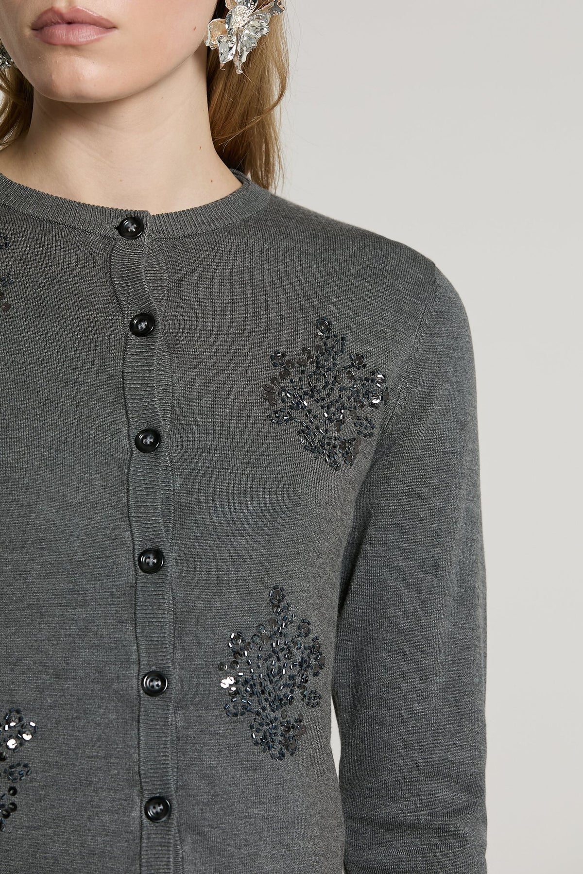 Relish Cardigan SILVANI manica lunga girocollo con ricamo paillettes più baguette RDA2602054045 grigio