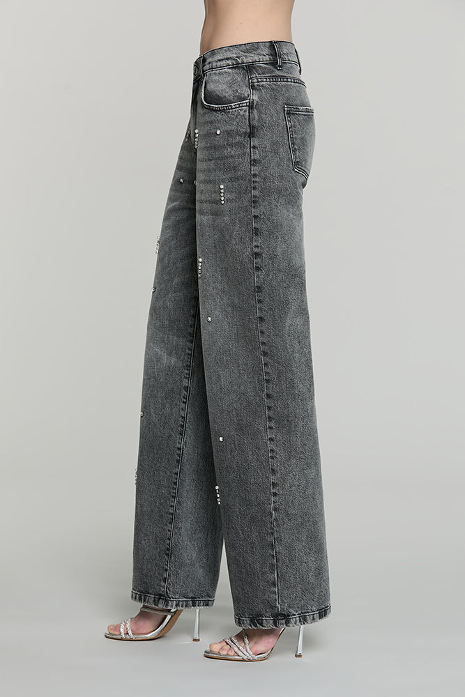 Relish Pantalone GISELLE_GREY  vita media 5 ts loose fit c/castoni + pietre + perle denim RDA2607016039 grigio
