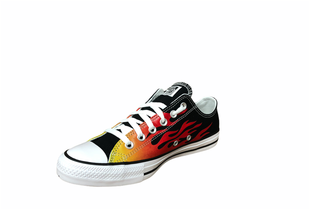 Sneakers Converse Chuck Taylor CTAS OX 166259C uomo con design fiamme arancio-rosso-nero, scarpe basse in tela canvas vintage resistenti e di tendenza, vista interna