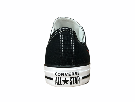 Sneakers Converse Chuck Taylor CTAS OX 166259C uomo con design fiamme arancio-rosso-nero, scarpe basse in tela canvas vintage resistenti e di tendenza, vista tallone