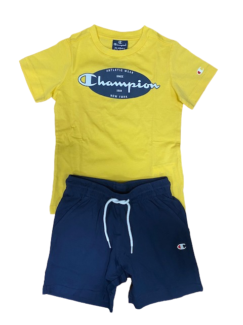 Champion completino da ragazzo Legacy Graphic T-shirt + Bermuda 306314 YS043 MIY giallo-blu