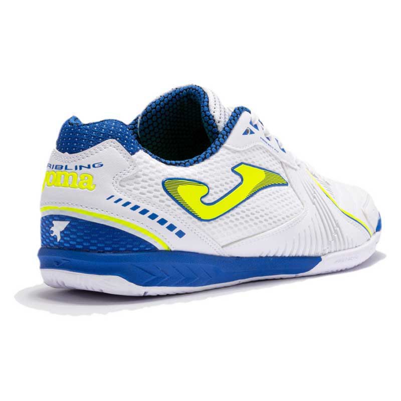 Scarpe da calcetto Joma Dribling 2302 bianco blu per sala indoor con suola in gomma antiscivolo particolare tallone