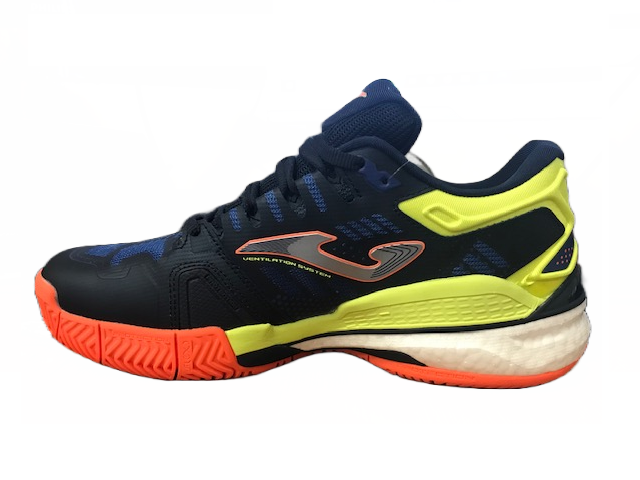 Scarpe da Padel Joma T.Slam Men 2204 TSLAMS2204P blu-limone con superficie in rete traspirante - vista laterale