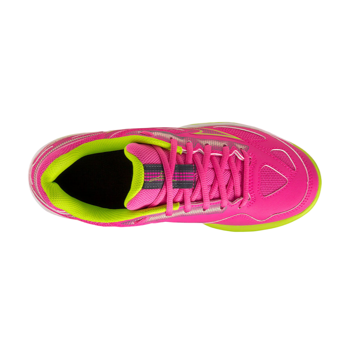 Mizuno Break Shot 4 61GB233666 scarpa da padel donna fuchsia giallo bianco vista della tomaia rinforzata e traspirante