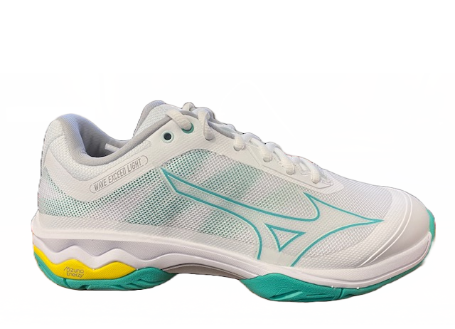 Mizuno Wave Exceed Light AC scarpa da tennis 61GA221923 white-turquoise-high visibility frontale