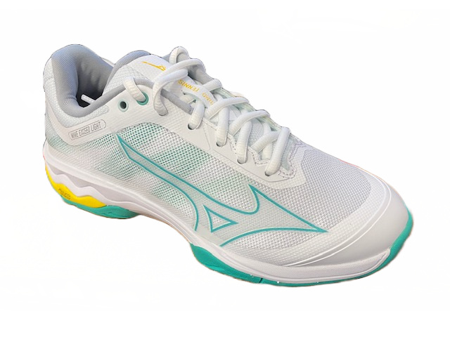 Mizuno Wave Exceed Light AC scarpa da tennis 61GA221923 white-turquoise-high visibility laterale