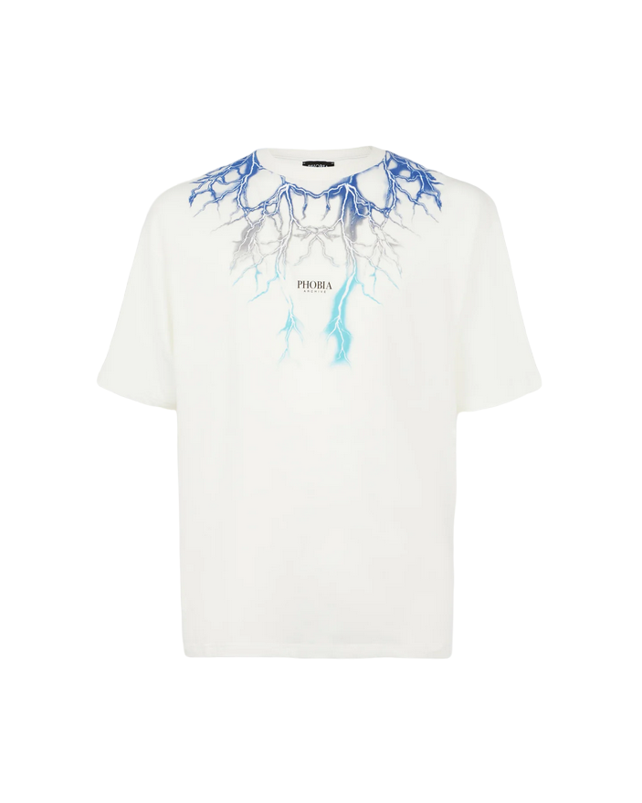 Phobia T-shirt unisex bianca con fulmini blu grigi azzurri PH00107BLGRLB