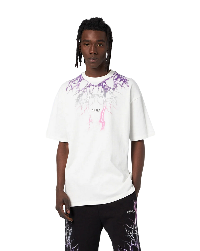 Phobia T-shirt unisex bianca con fulmini viola grigi fuxia PH00108PUGRFU
