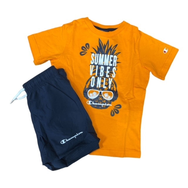 Champion Completino da ragazzo T-shirt manica corta e Pantaloncino 306050 OS017 SPO arancio blu
