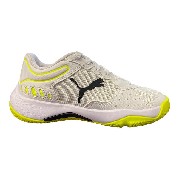 Puma scarpa da tennis padel da ragazzi Solarsmash RCT Jr 106950 01 bianco-nero-giallo frontale