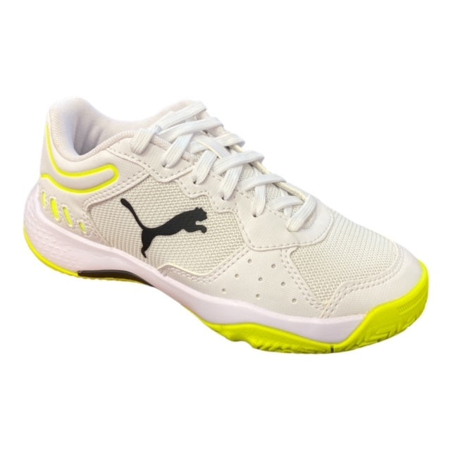 Puma scarpa da tennis padel da ragazzi Solarsmash RCT Jr 106950 01 bianco-nero-giallo laterale