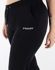 Freddy pantalone sportivo in interlock  con stampa in argento e fondo con polsino S3WBCP8 N black