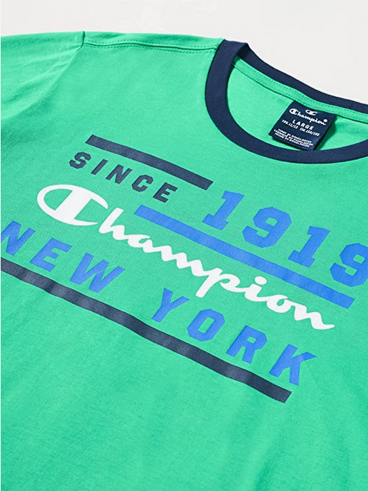 Champion completino da ragazzo Legacy Graphic T-shirt + Bermuda 306315 GS004 ELG verde-blu